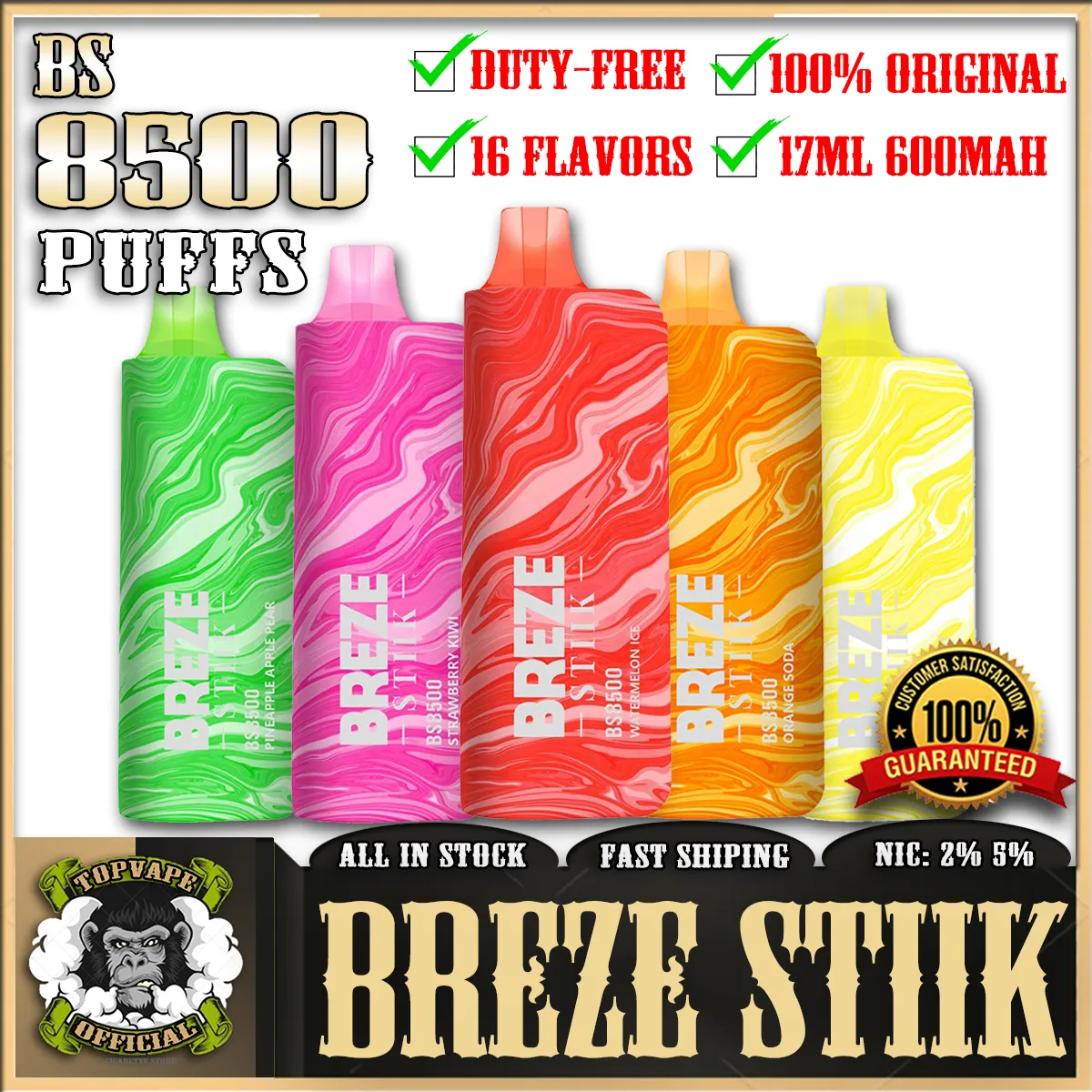 Original Breze Stiik BS8500 Puff 8500 cigarettes électroniques rechargeables 2% / 5% stylo vape jetable avec batterie 600mAh 17ml VS ELFWORLD ELF WORLD MC8500