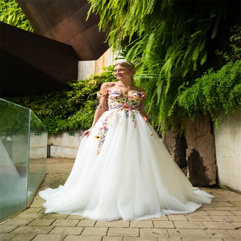 Свадебное платье Fairy Boho с яркими цветами. Элегантное платье с открытыми плечами. Богемные свадебные платья в стиле Гэтсби.