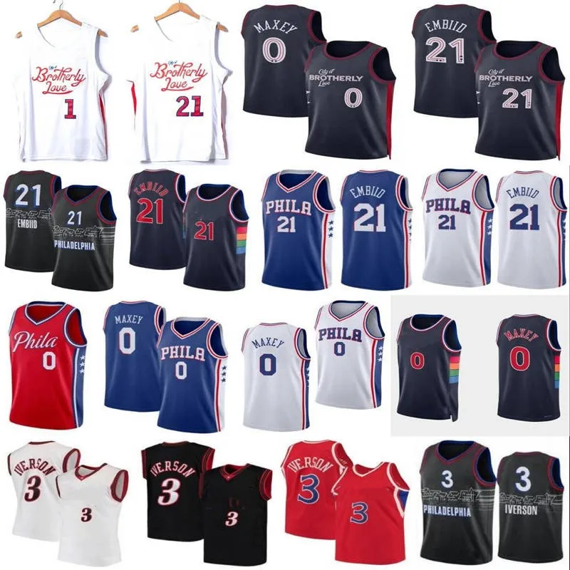 Joel 21 Embiid Basketbol Forması Erkek Allen 3 Iverson 0 Tyrese Maxey City gömlekleri Jersey Blue White Donanma