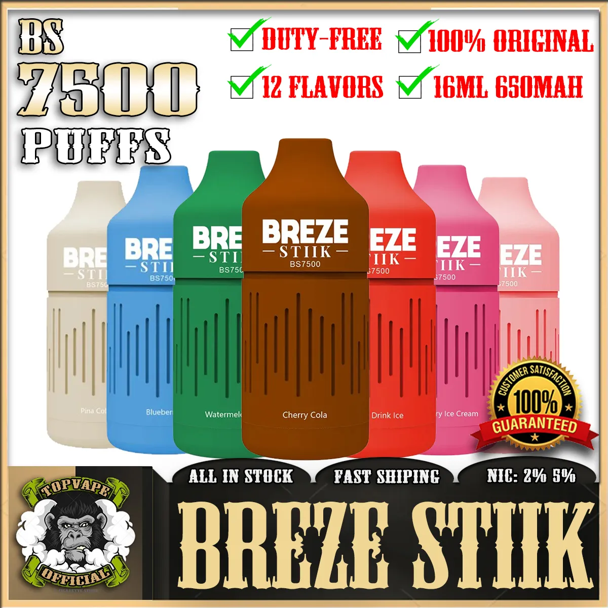 Original Breze Stiik BS7500 Puff 7500 cigarettes électroniques rechargeables 2%/5% stylo vape jetable avec batterie 650mAh 16ml prérempli