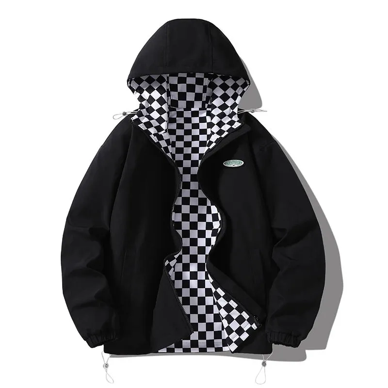 Automne surdimensionné veste réversible hommes coupe-vent à capuche mode casual rue Zip Up manteau damier vêtements d'extérieur mâle 240111