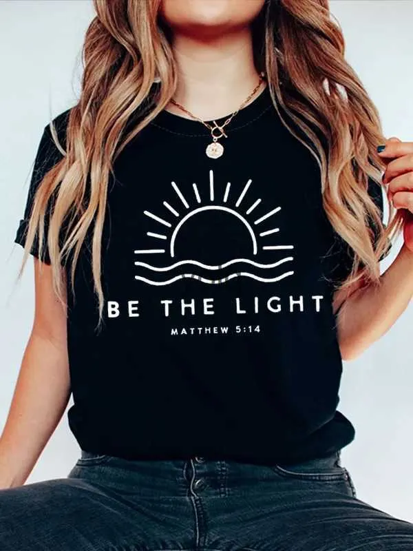 Camiseta feminina Be e Light Sun Shoreline Imprimir Mulheres T-shirt 2024 Nova Moda Casual Sucinta Páscoa Camisa Feminina Conforto Elegante Menina Teeyolq