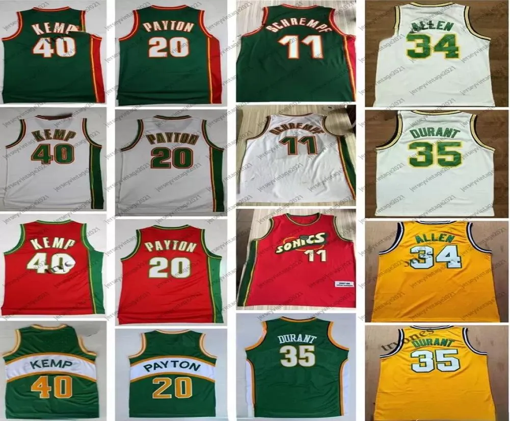 100 cuciti 20 Il guanto Gary Payton Kevin Durant 40 Reign Man Shawn Kemp 11 Detlef Schrempf Ray Allen Rosso Verde Basket Jers6665671