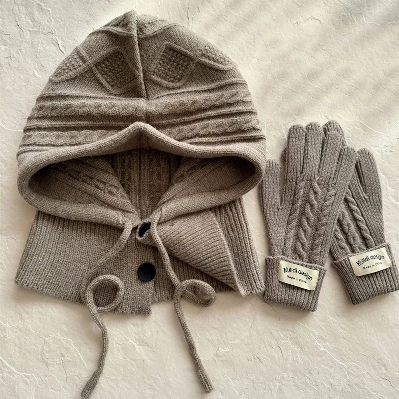 Vinter stickade hatthandskar set varmt tjockare balaclava imitation kashmir halsduk set ullkorea sjal split finger pullover hatt 240111