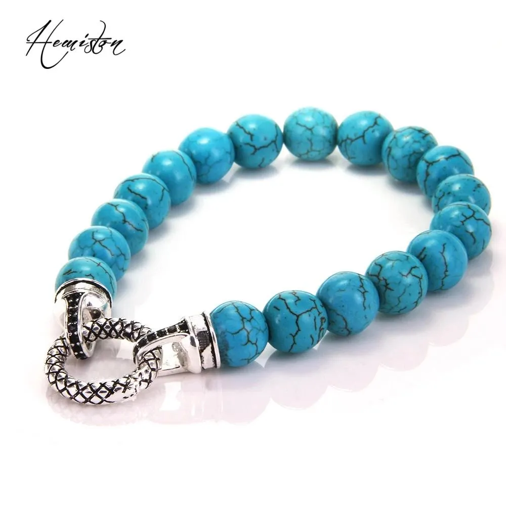 Bracelets Thomas 10mm Cyan Stone Bead Bracelet with Black Zirconia Paved Circle Clasp, European Rebel Heart Jewelry for Men TS B141