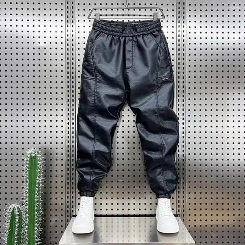 Pantaloni da uomo Pantaloni in ecopelle antivento impermeabili con elastico in vita patchwork alla caviglia per il ciclismo