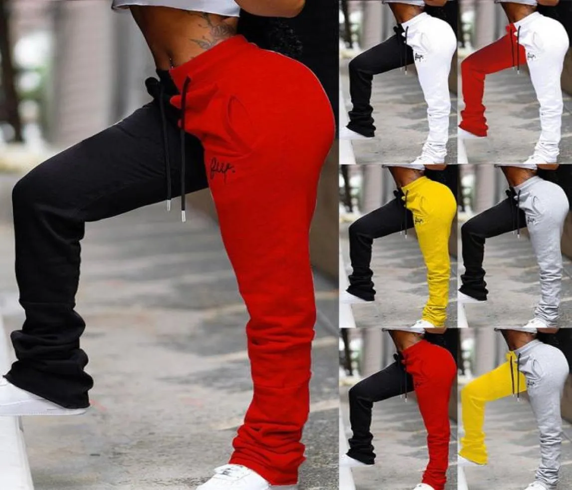 Calças de corrida femininas streetwear casual bordado calças altas retalhos joggers moletom colorido cintura feminino empilhado drawstring3253816