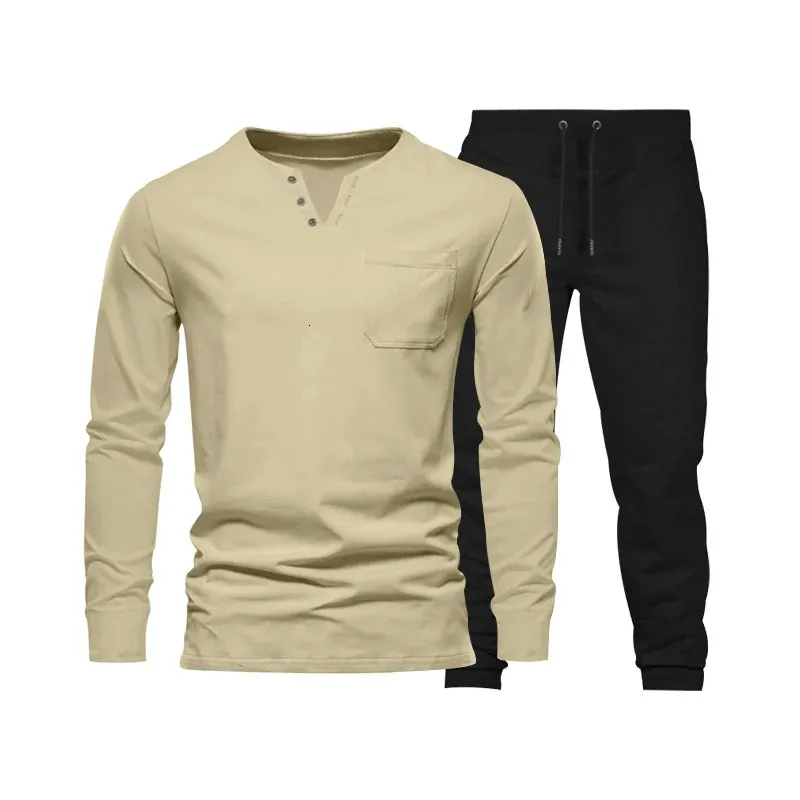 Vår- och höstsäsongen Men's Long Sleeve T-shirt Set mångsidig Loose Fit Sports Casual Top Fashion Set Men's 240111