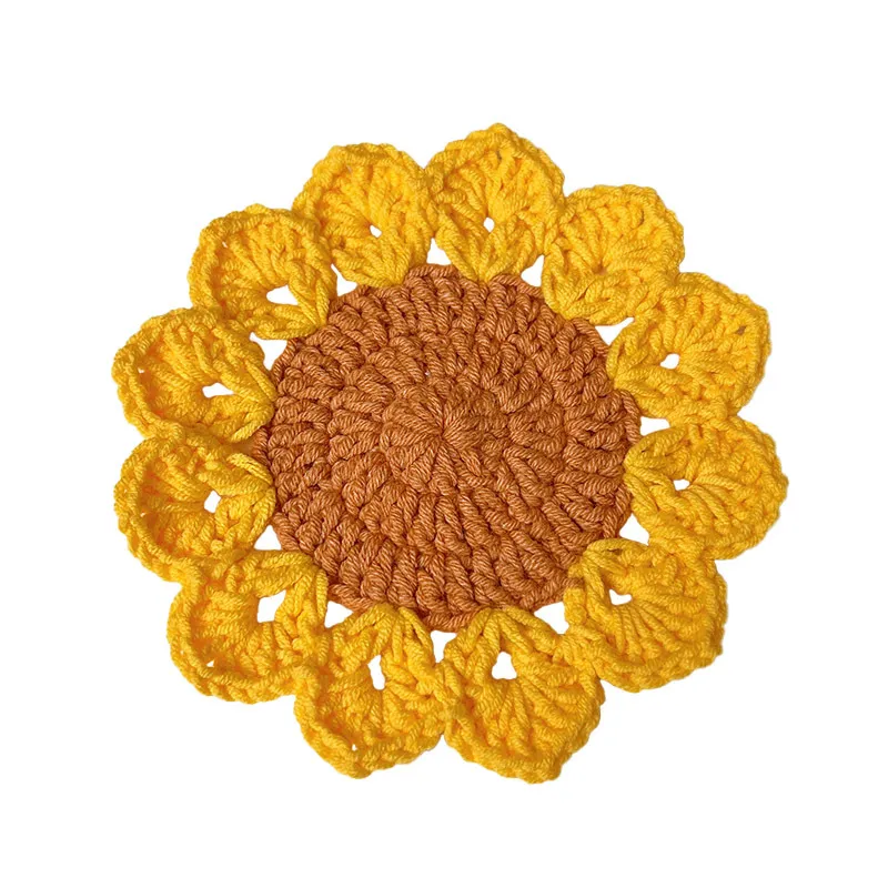 Tapetes de girassol feitos à mão 12cm comércio mão crochê doilies almofada de copo de malha po adereços placemat casa tapete decorativo