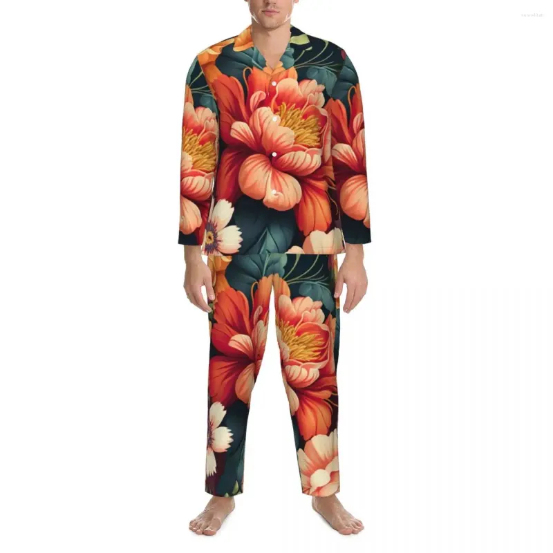 Men's Sleepwear Floral Print Pajama Sets Autumn Vibrant Flower Lovely Night Man 2 Pieces Oversize Custom Home Suit Birthday Present