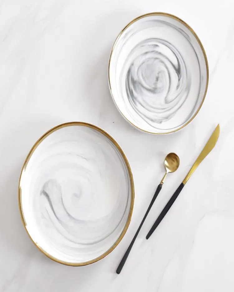 Haute qualité 75 ou 8 pouces or doré bande marbre motif assiette en porcelaine en céramique dîner plat vaisselle dîner ensemble vaisselle D9824630