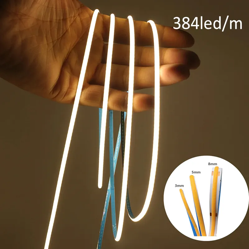 Tiras de LED COB ultrafinas de 3mm 5mm 12V 24V RA90 Fita LED de alto CRI Cortável Flexível 16,4 pés IP20 super brilhante para cozinha interna