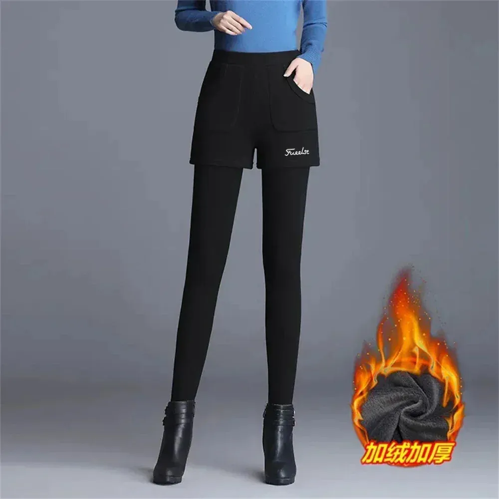 Calças térmicas de algodão feminino usam dois fundos falsos outono e inverno cintura alta pés pequenos casuais calças de golfe esportes 240111