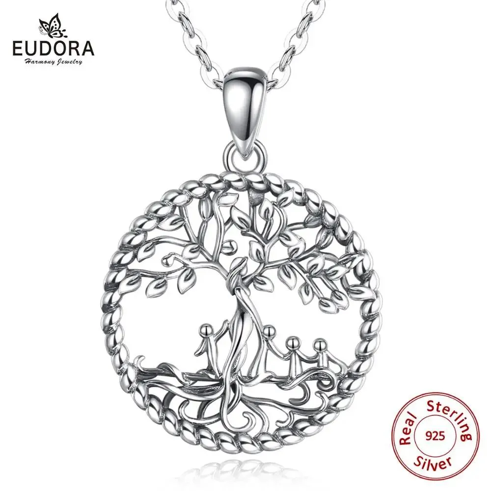 Pingentes EUDORA Sterling Silver Tree of Life Colar Mulheres e quatro lindos pingentes estilo bebê com caixa de joias para presente para vovó mãe D4754