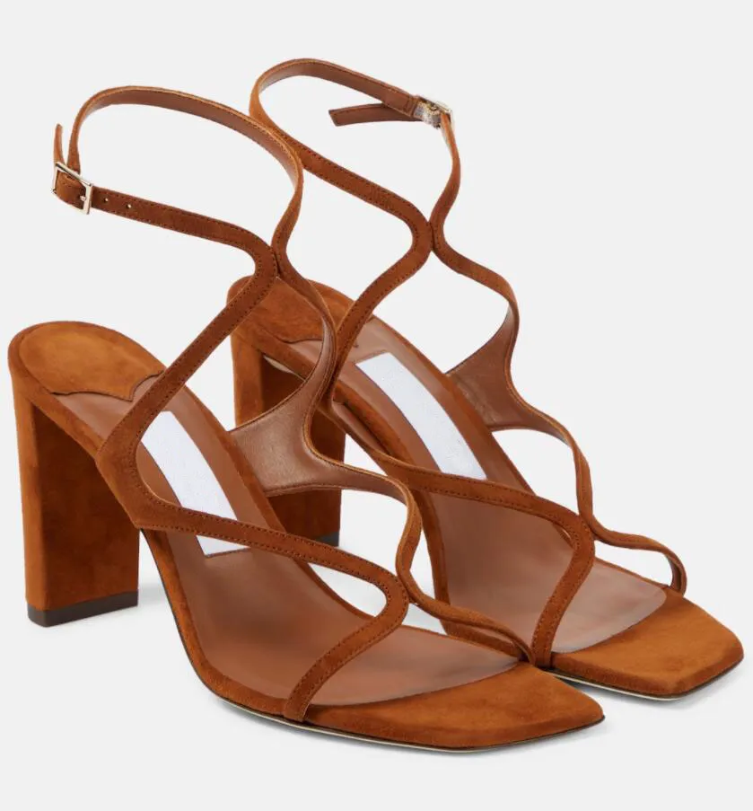 2023S varumärke pumpar azie 85mm satin sandal med kristaller utsmyckad läder sandal vrist rem mocka sandaler lyxiga klackade öppet tå med låda eu35-43