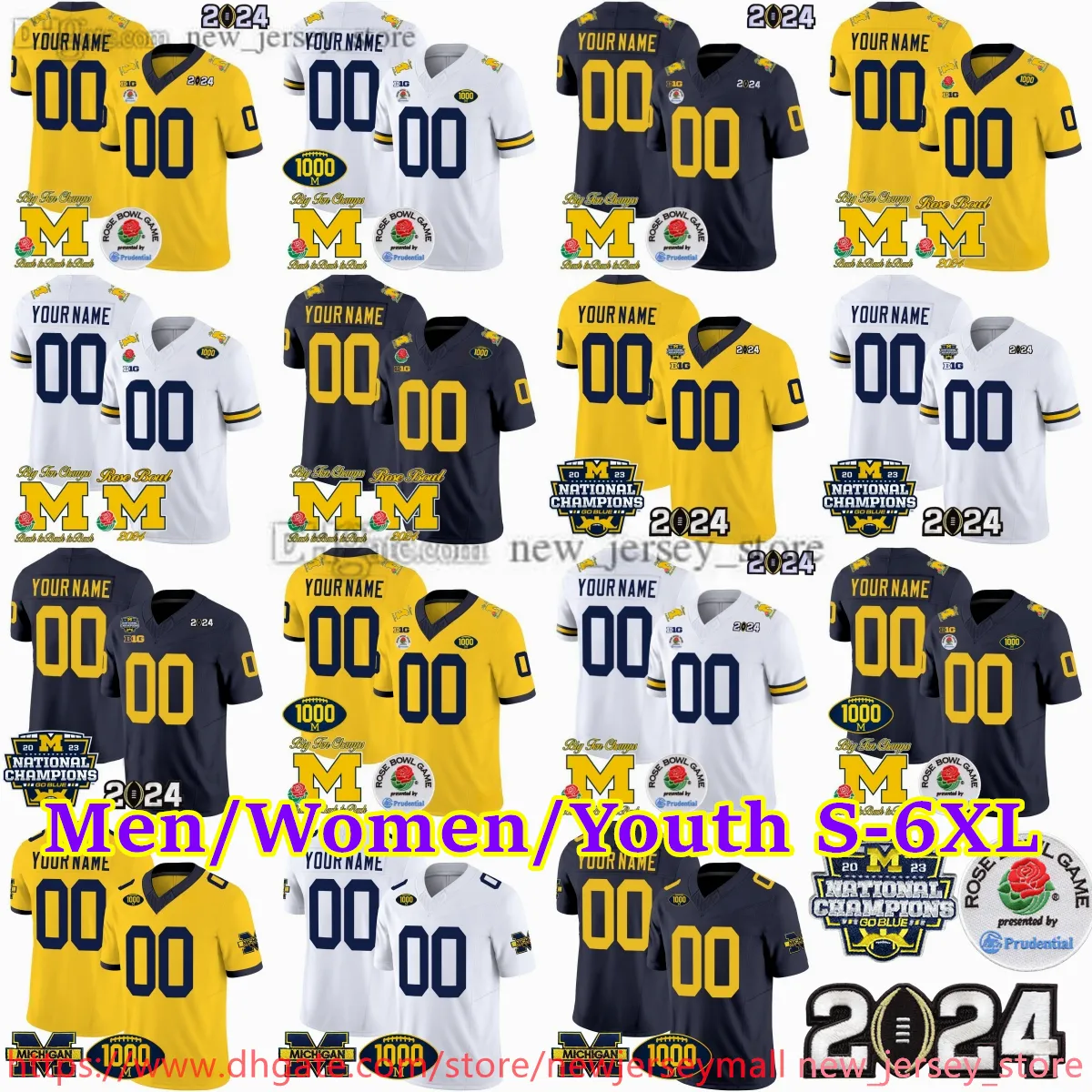 Aangepaste NCAA 2024 Big Ten kampioen Michigan Wolverines voetbalshirt 9 J.J. McCarthy 10 Tom Brady 2 Charles Woodson 12 Cade McNamara R.J. Moten 1000 wint Rose Bowl-patch