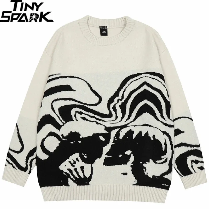 Män streetwear tröja retro målning skalle grafisk hip hop stickad tröja vintage pullover casual ull tröja hipster 240110