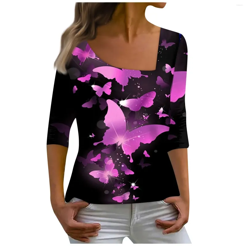 Camisetas para mujer, camiseta de manga larga con estampado de mariposa y cuello Diagonal, blusa Vintage informal holgada a la moda para verano 2024