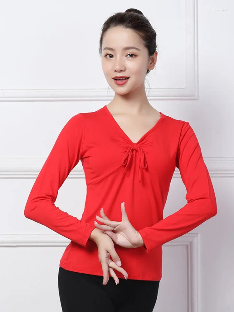 Stage Wear Solid Color Bandage Modern Dance Waltz Yoga Tops Adult Birthday Women Gala 2024 Latin V Neck Street Sports Costume T-shirt