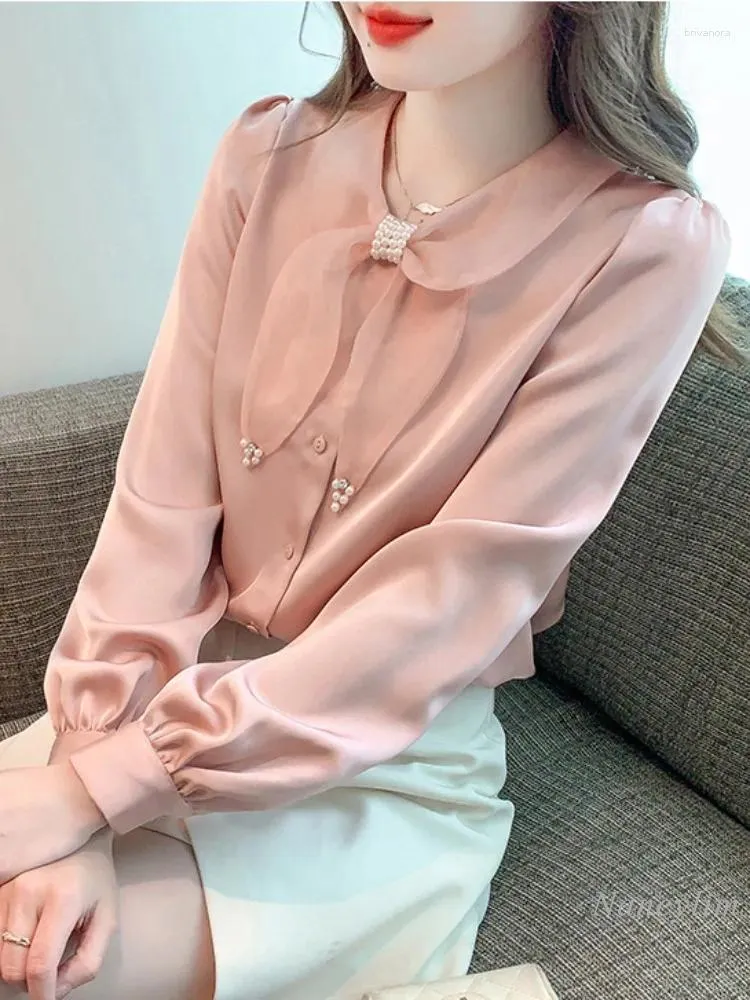 Kvinnors blusar Organza Bow Doll Collar Acetate Satin Shirt Spring Loose Long Sleeve Chiffon Blus Top Pink Blusas All-Matching Shirts