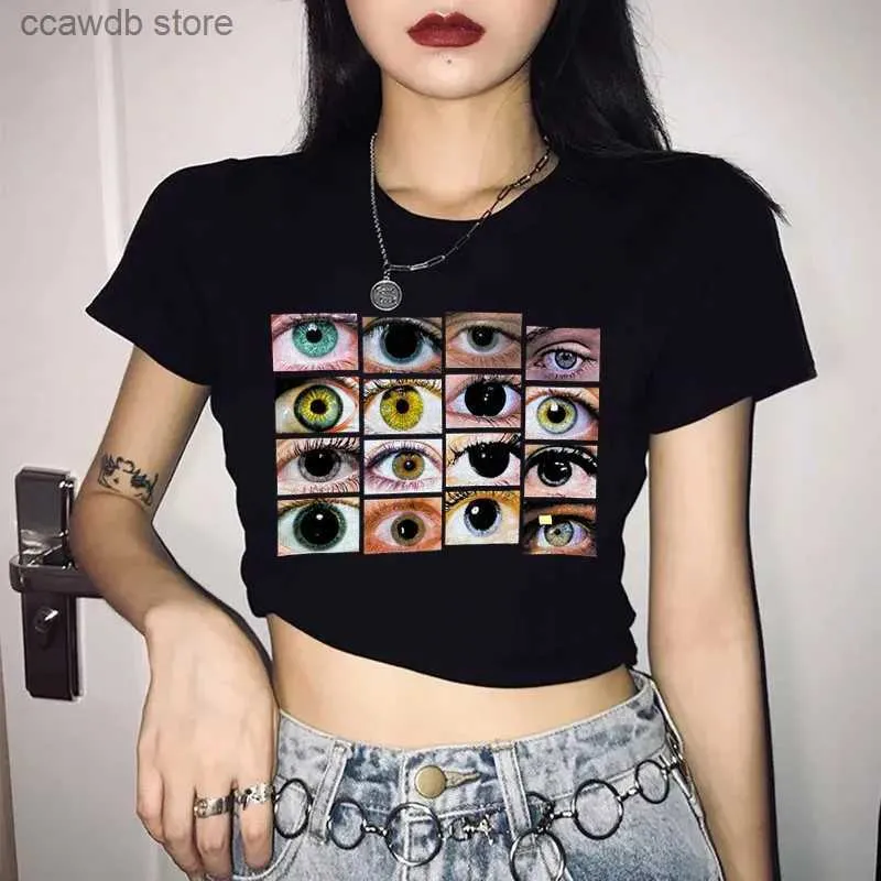 Dames T-shirt Vintage Eye Print Zwart vrouwelijk T-shirt Korte mouw O nek Slim T-stukken Amerikaanse streetwear Y2K Harajuku Gothic 90s vrouwen Crop Tops T240110