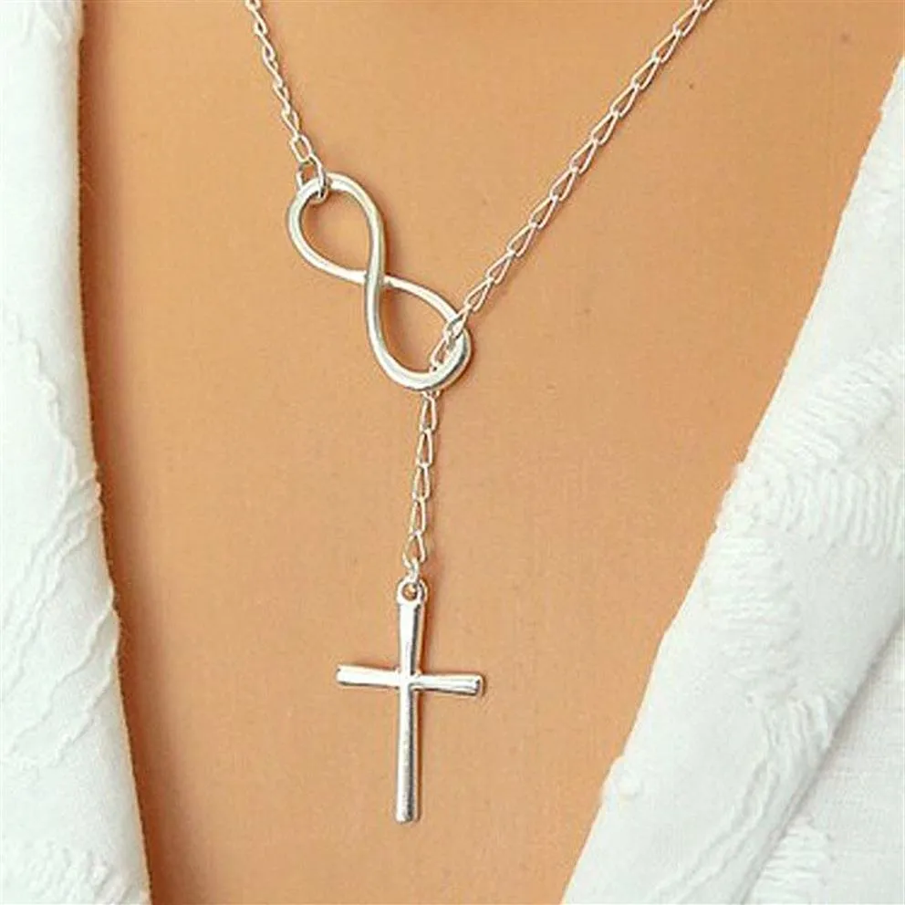 Whole-N606 Persoonlijkheid Infinity Cross Lariat Hanger Kettingen Verzilverd Europese Collares Ketting Forever Faith Necklace216U