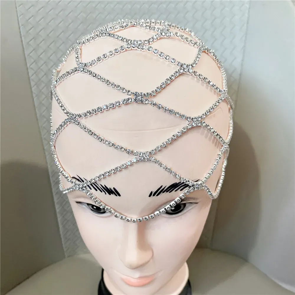 Multi-layer Mesh Bridal Headband Full Rhinestone Head Chain Hollow Hair Accessories Crystal Headpiece Cap Hat Jewelry
