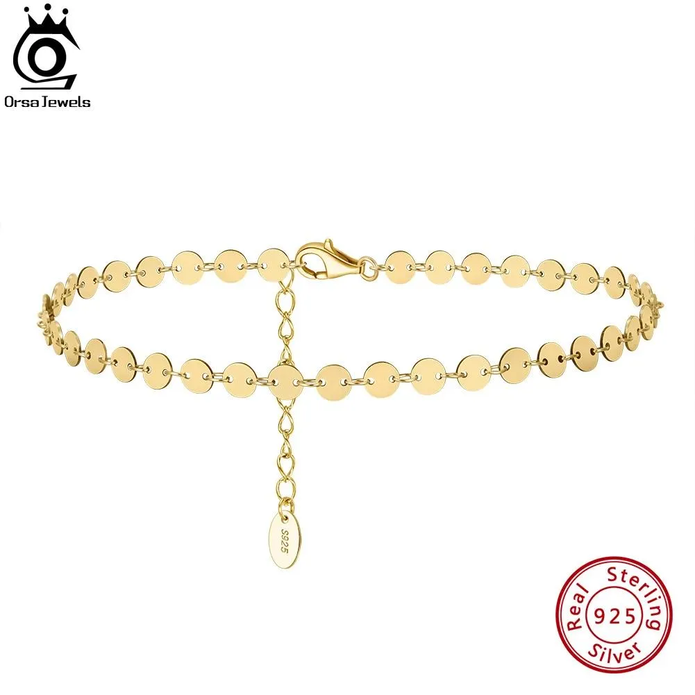 Anklets ORSA JEWELS 925 Sterling Silver Round Plate Chain Anklets for Women Fashion 14K Gold Foot Bracelet Ankle Straps Jewelry SA25