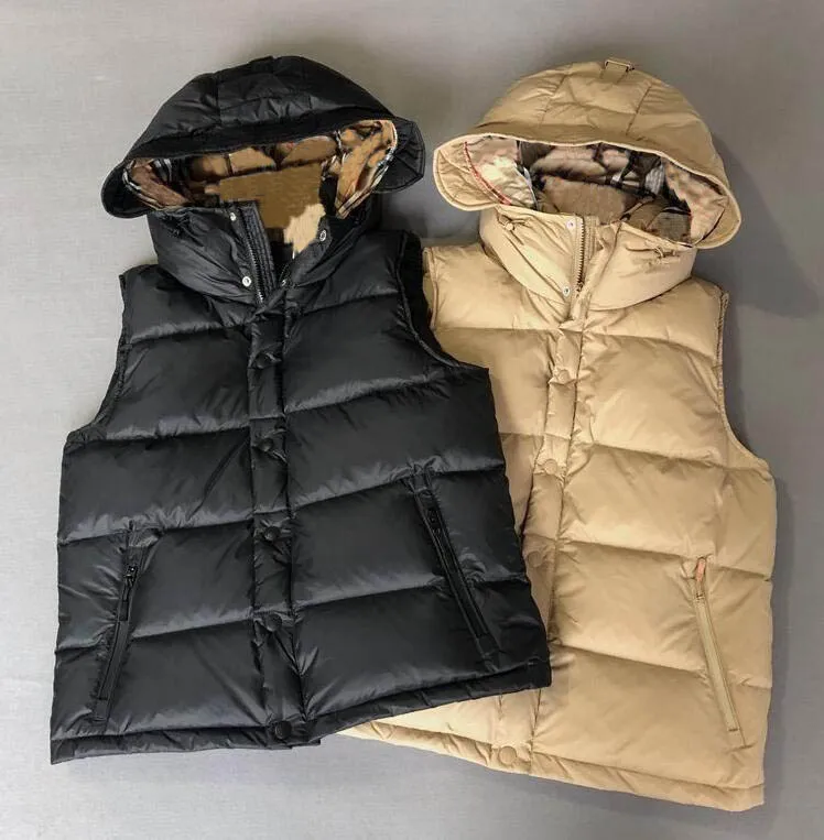 High quality Mens brown grid hooded Vests Jacket Bomber Down Coats Sleeveless Gilet Windbreaker Man Coat Jackets Vest Parkas Outwears