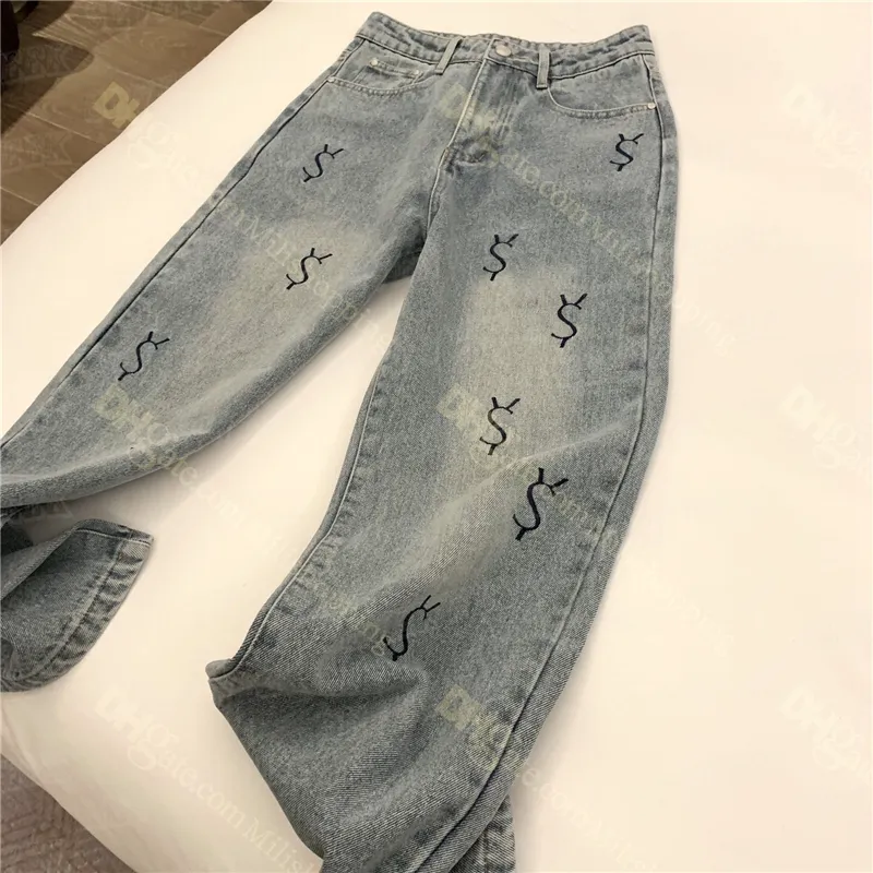 Pantalon en denim lettre classique pour femmes lettres brodées jeans de créateur taille haute pantalon large hiphop street style pantalon long vêtements