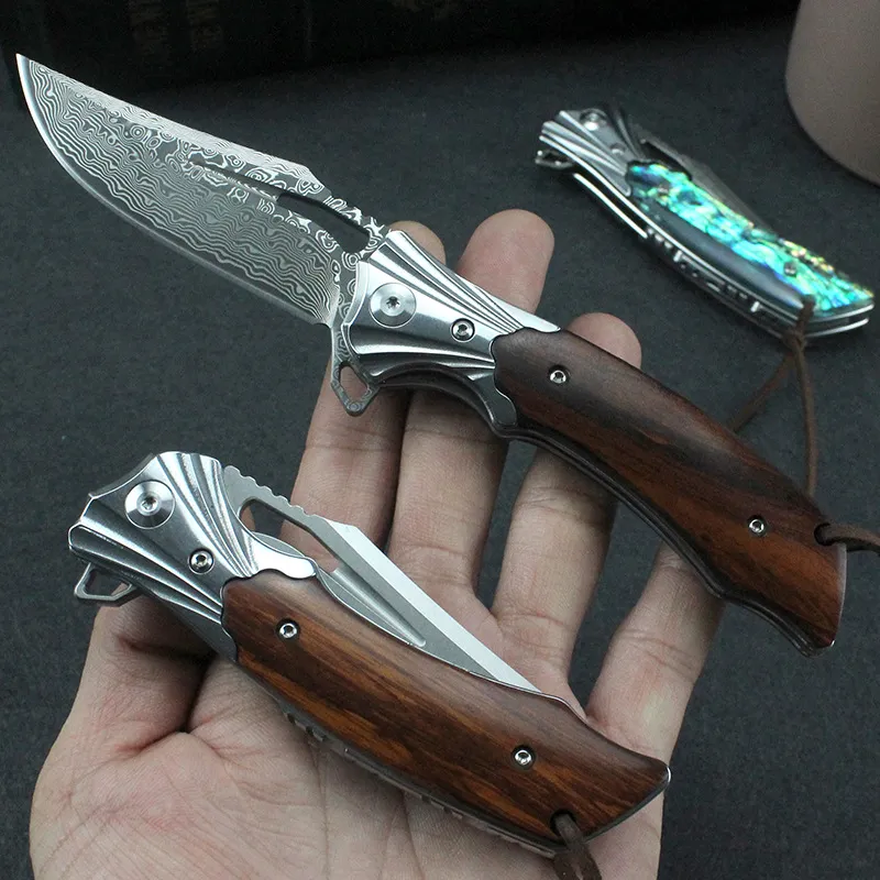 Free Wolf GT999 Damascus/D2 Blade Fold Knife Wood Handle Flipper Ball Bearing Utility Camping Hunting Fishing Outdoor Pocket EDC Folding Knives Tool