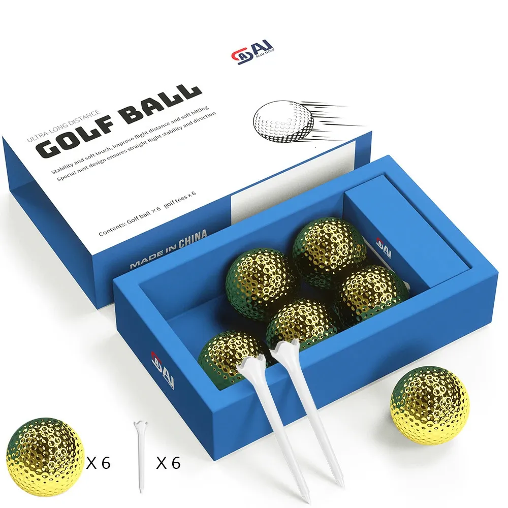 Hochwertiges vergoldetes Golfball-Set für Langstreckenspiele mit schöner Verpackung – inklusive 6 Bällen und 6 Golf-Tees 240110