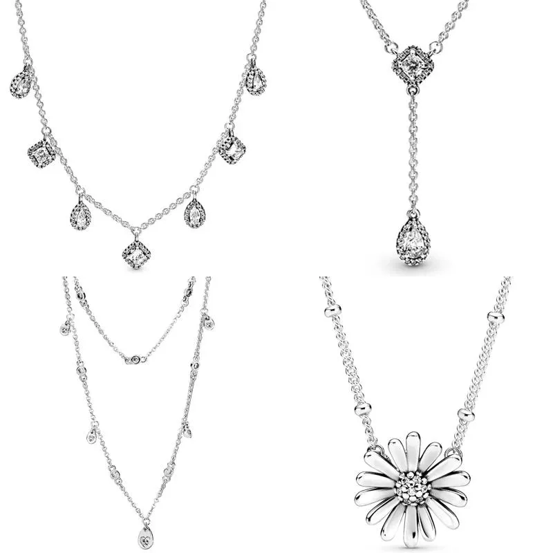 Sets Pave Daisy Flower Collier Chandelier Droplets Geometric Shapes Ynecklace Fit 925 Sterling Silver Necklace Europe Diy Jewelry