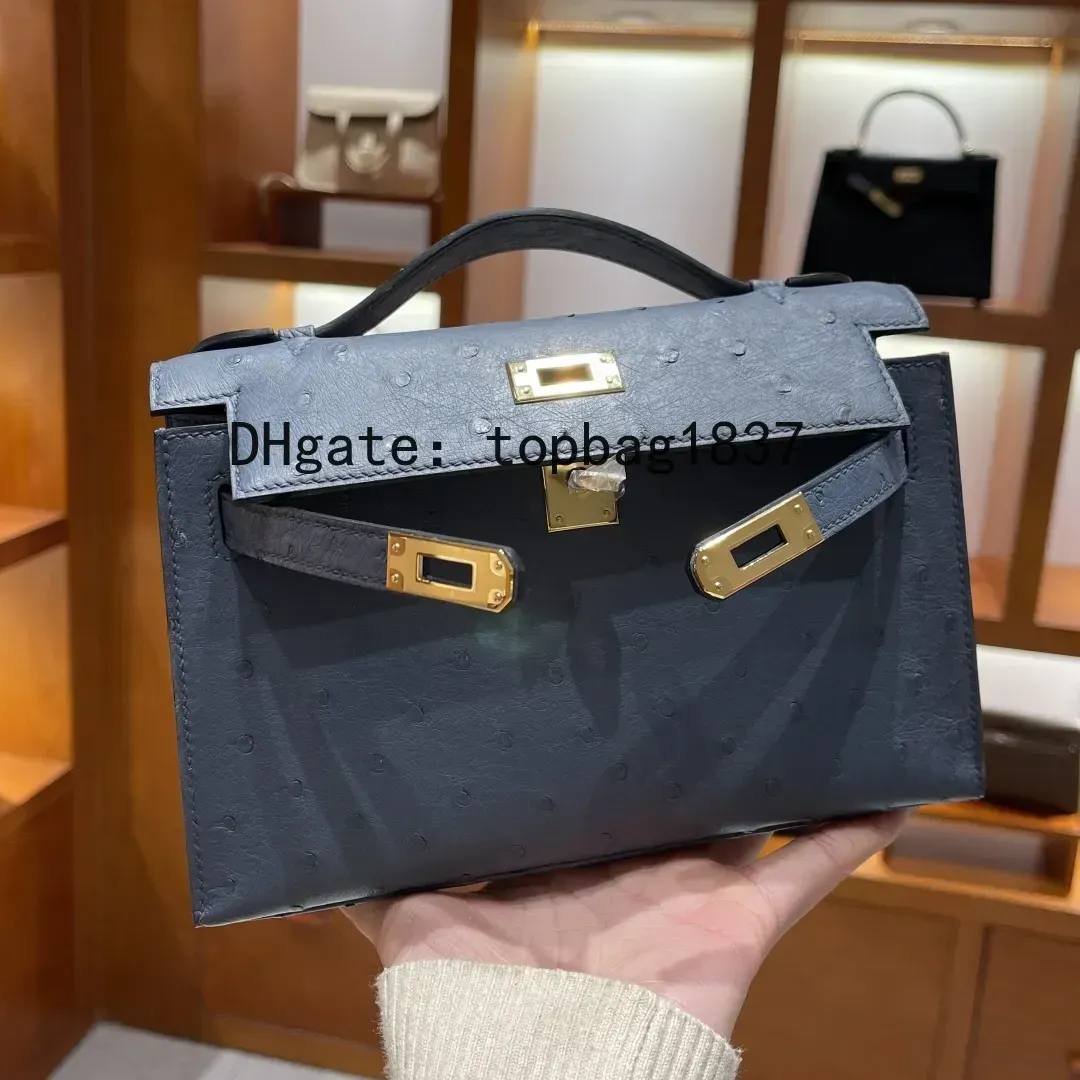 Designer handbags bag 22cm crossbody 10A mirror quality Outer Stitching Brand total Handmade Ostrich skin Classic Large Capacity Limited edition suede with box