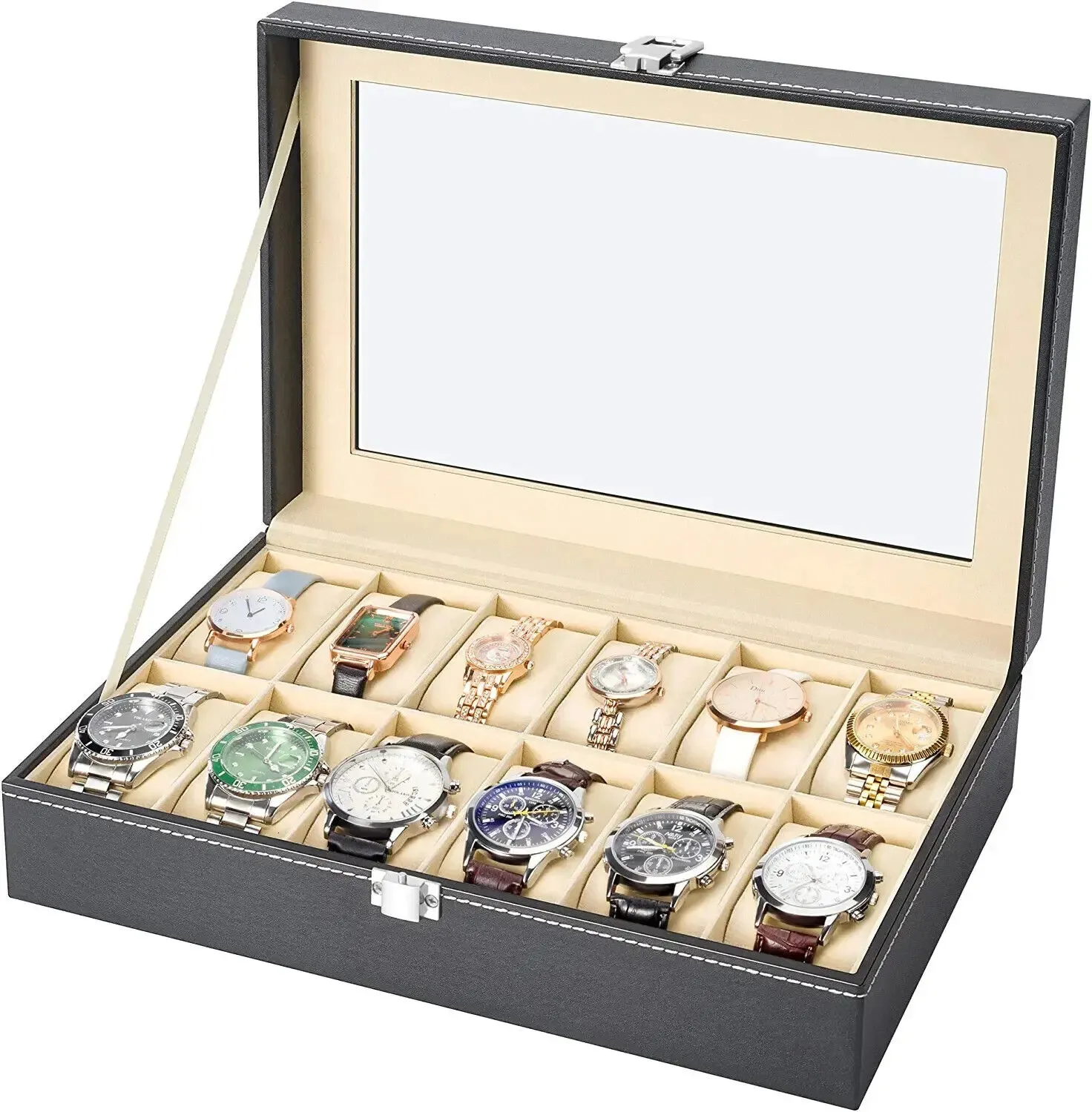 Boîtier de montre en cuir PU, 61012 fentes, boîte organisateur, présentoir de bijoux, tiroir pour hommes 240110