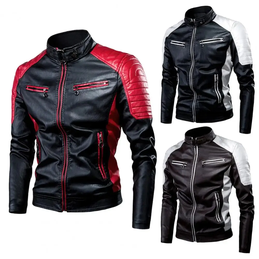 Men's Winter Pu Jacket Motorcycle Waterproof Cool Contrast Colors Classic Biker Leather Jacket Motor Autumn Coat 240110