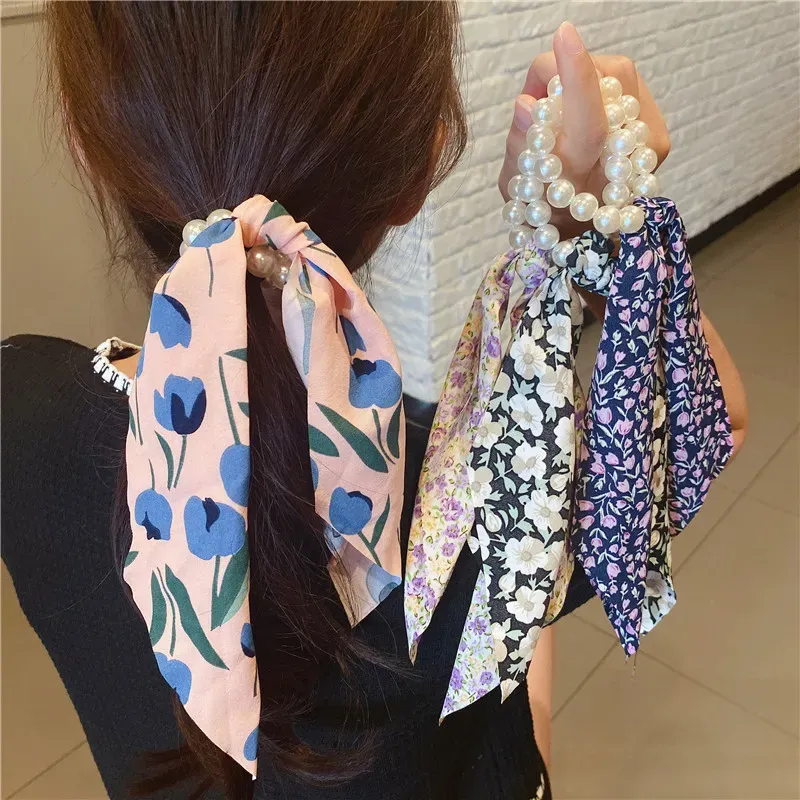 12st Girls Summer Elastic Bow Scrunchies Floral Print hästsvans halsduk Hårband Tillbehör Långt band Hårband BJ