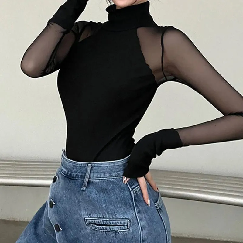 Femmes Shapers Tops pour femmes maille à manches longues combinaison demi-col roulé sexy transparent haut shapewear fermeture éclair sweat-shirt