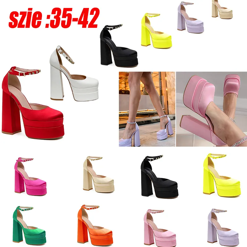 Sandali da festa caldi Tacco largo Sandali con doppia piattaforma Sandali da donna Abito da sera Sandali con tacco Scarpe da donna fresche Tacchi alti in seta con punta quadrata 35-42