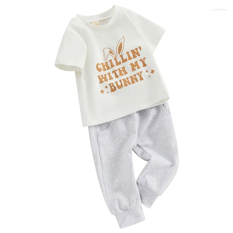 Kläder set baby pojkar påsk outfit brev skriver ut kort ärm t-shirt toppar långa byxor sommar småbarn kläduppsättning