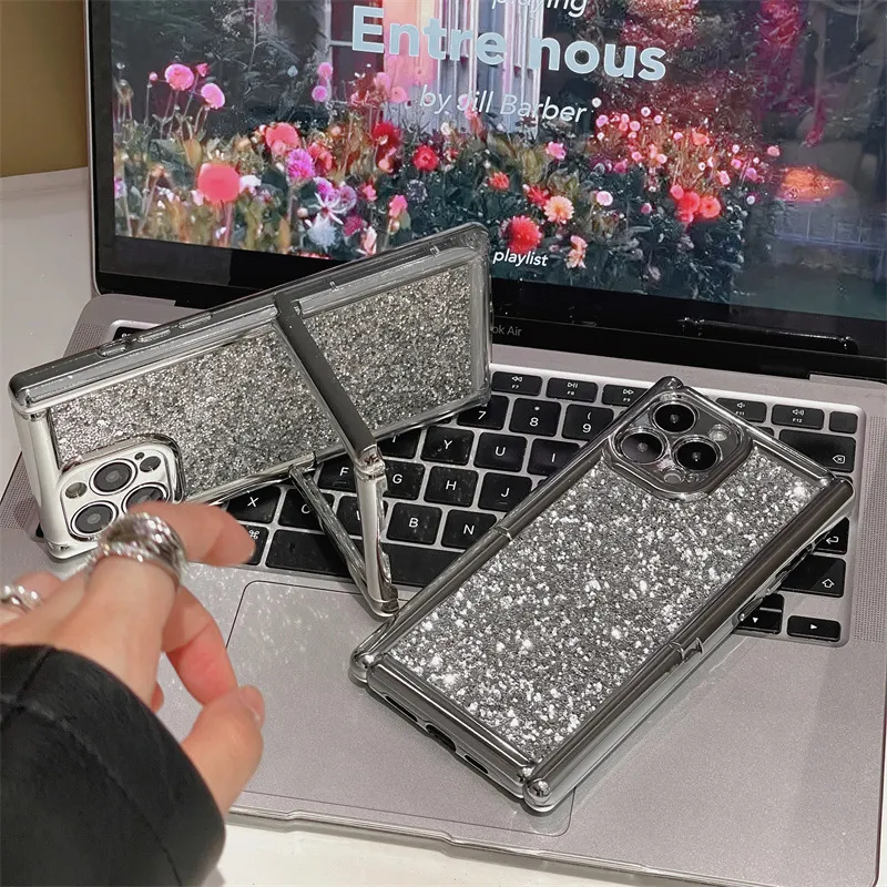 Silver White Stand Glitter Phone Case Suitable for iPhone 15 14 13 11 12 Pro Max Electroplated Lens Protection Back Cover Holder Plating Cases 100pcs