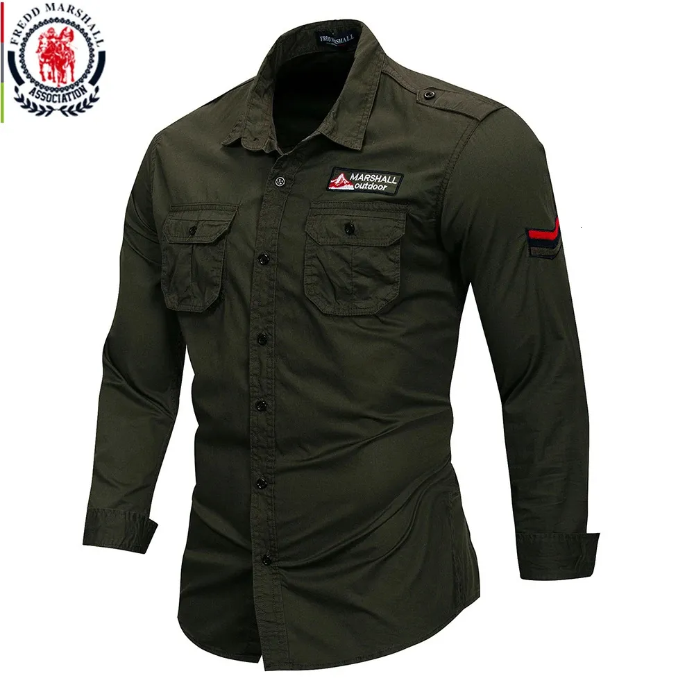 Fredd Marshall 100 Camicia militare in cotone da uomo Manica lunga Abito casual Camicie da lavoro cargo maschili con ricamo 115 240111