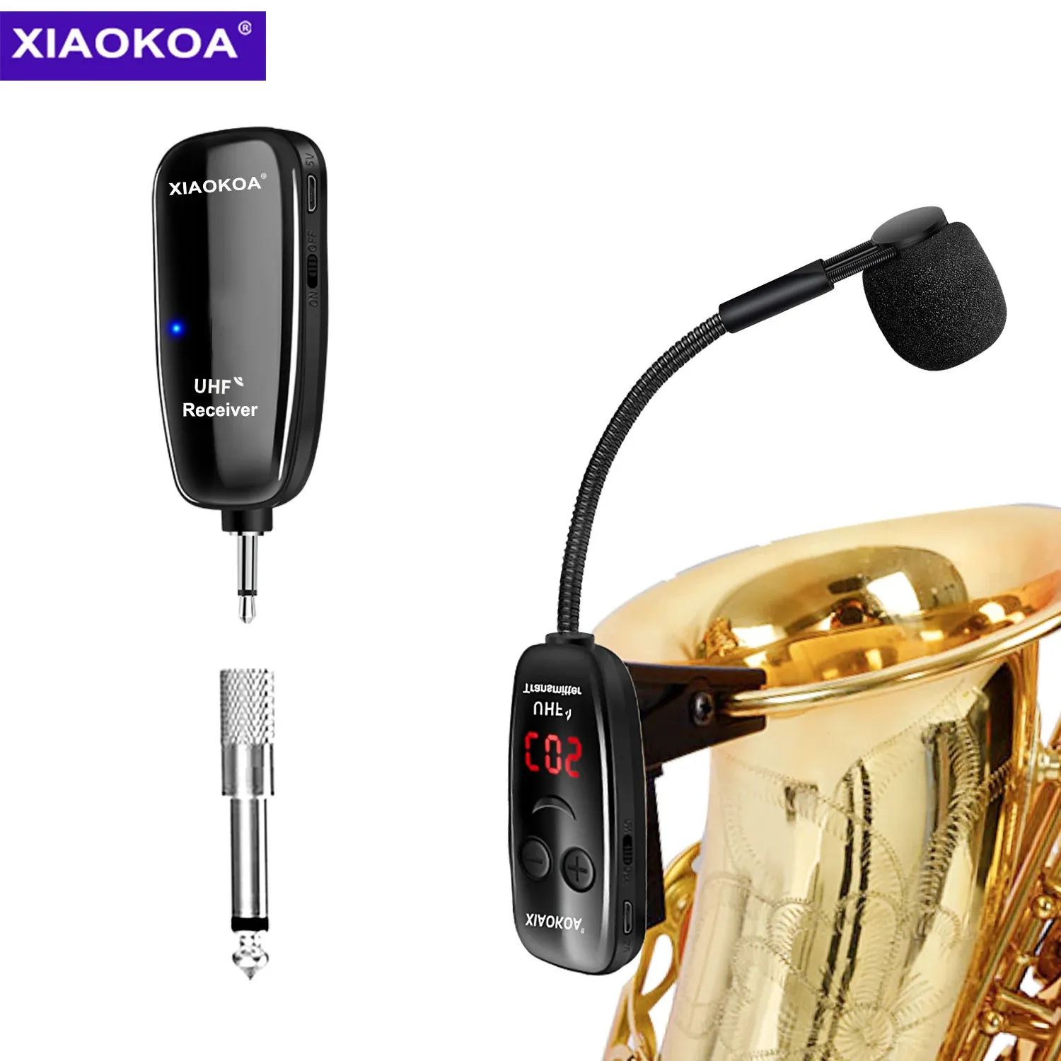 XIAOKOA UHF Kabelloses Saxophon-Mikrofonsystem, Clip-on-Musikinstrumente, kabelloser Empfänger-Sender für Saxophon, Trompete 240110