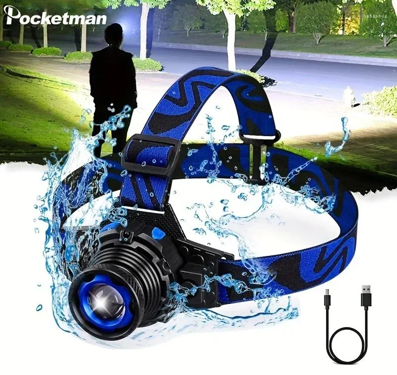 Headlamps High Lumen LED Headlamp USB Rechargeable Headlight Waterproof Head Front Light Zoomable 3 Modes Lamp for Camping Hiking