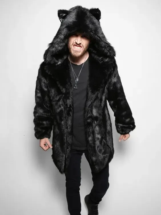 Fox Fur Faux Fur Hooded Coat With Ears Winter Couple Men Faux Fur