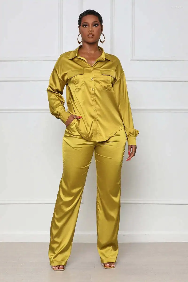 Dwuczęściowe spodnie damskie elegancka satynowa koszulka kieszonkowa Damskie Satynowy garnitur top prosty zestaw mody Activewear 2