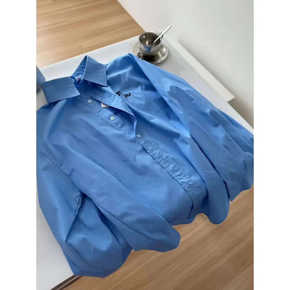 Women`s Clothing Letter Embroidered Shirt Spring Autumn Long Sleeve Fashion Single-breasted Casual Turn-down Collar Blue Blouse