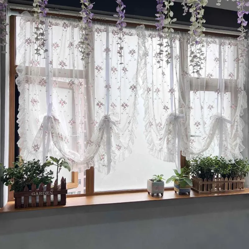 Vorhang Koreanische Pastorale Blumenstickerei Rüschen Spitze Ballon Tüll Vorhänge Prinzessin Stil Band Heben Sheer Roman Custom