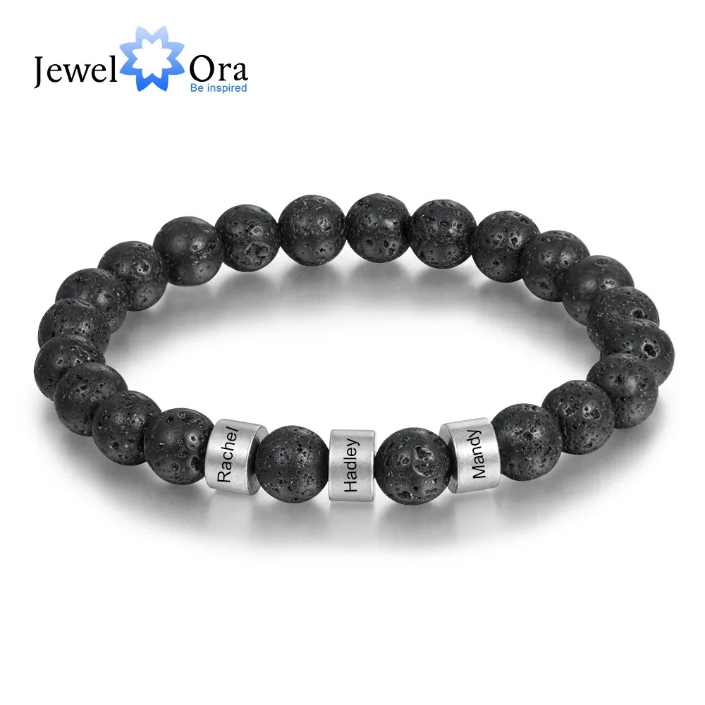 Personalized Stainless Steel Beaded Chain Name Engravd Bracelets for Men Customized Lava Tiger Eye Stone Bracelets Gifts for Him 240110