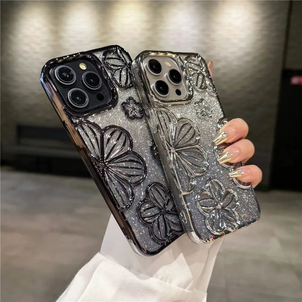 Per iPhone 15 Pro Max Luxury Flash Glitter Fiori Cornice quadrata Custodia per telefono con cornice per iPhone 11 12 13 14 Cover protettiva morbida 30 pezzi